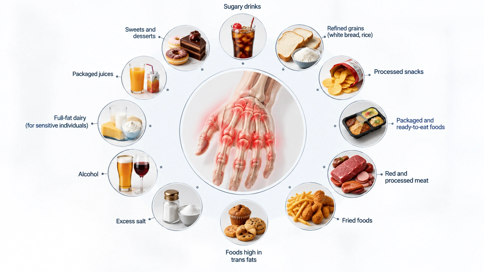 Medical illustration showing 12 foods and food categories to avoid or limit with rheumatoid arthritis