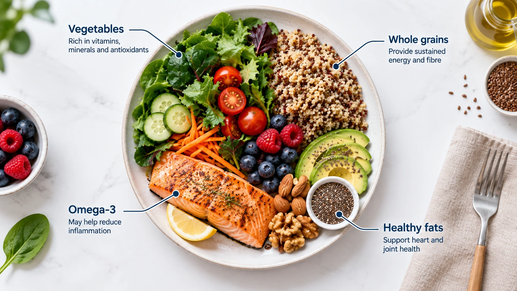 Anti-inflammatory plate with vegetables, whole grains, omega-3 foods and healthy fats for rheumatoid arthritis