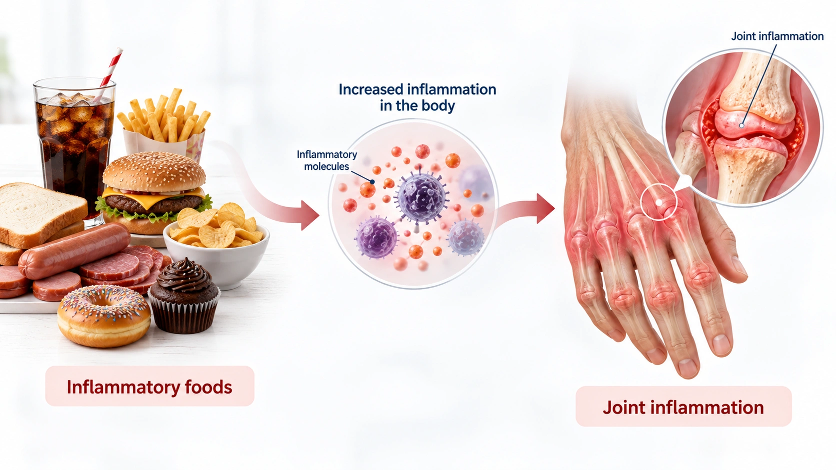 Medical illustration showing how an unhealthy dietary pattern may contribute to inflammation in rheumatoid arthritis