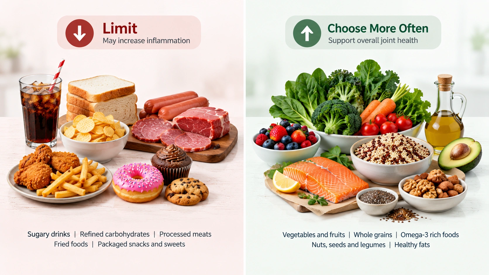 Comparison of foods to limit and anti-inflammatory foods to include with rheumatoid arthritis