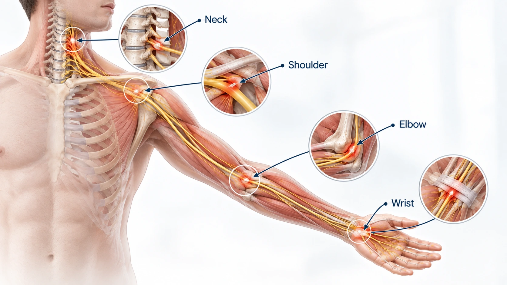 Hand Weakness Without Pain: Possible Nerve-Related Causes 4 Medical illustration showing common nerve compression locations that can cause hand weakness