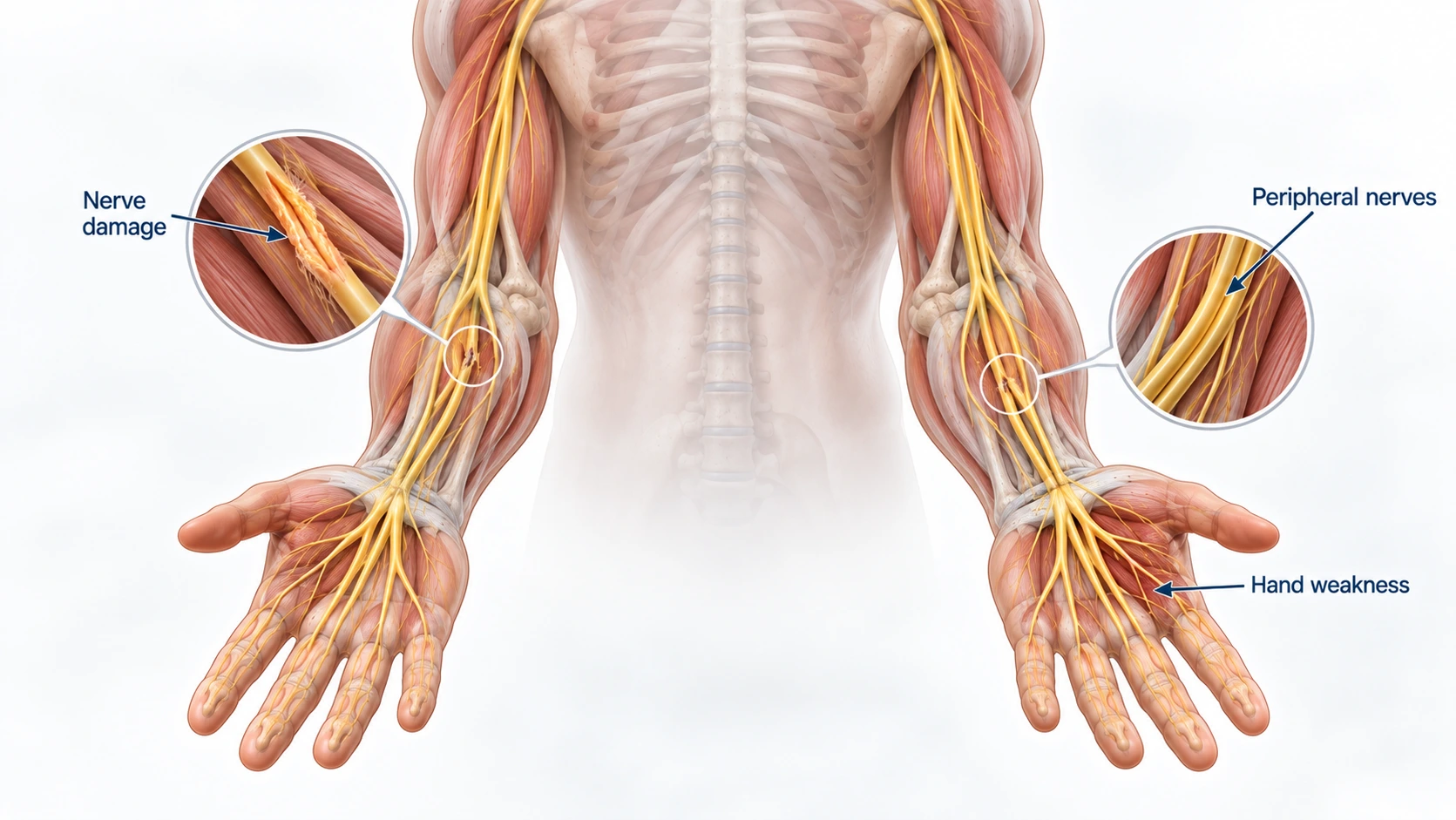 Hand Weakness Without Pain: Possible Nerve-Related Causes 7 Medical illustration showing peripheral nerve damage affecting both hands and causing weakness